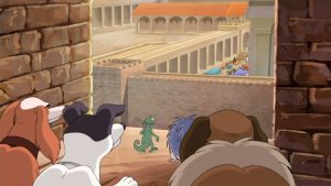 Animal friends watching Jesus overturn tables.
