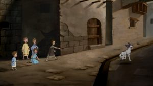 Boy throwing rock at Jericho's head.