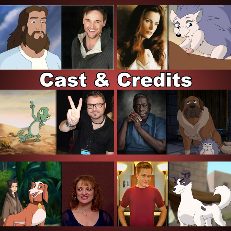 Photos of featured (human) voice actor cast, next to their cartoon characters.