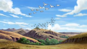 Doves flying above Jesus' tomb, on the morning of His Resurrection.