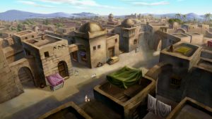 Bird's eye view of ancient Jerusalem, Jericho the Dog seen running through the streets.