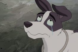 Jericho the Dog tearfully looking up at crucified Jesus.