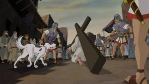 Jesus bearing His cross, Jericho the Dog beside Him.