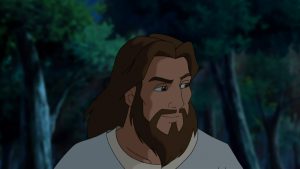 Jesus with a confident smirk, at night time.