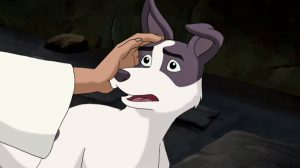 Jesus holds His hand to Jericho the Dog's head, healing his injury.