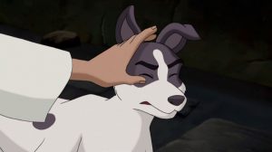 Jesus reaching out a healing hand towards injured and frightened Jericho the Dog.