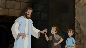 Jesus stopping boy from throwing fatal rock at Jericho.