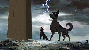 Maya and Jericho the Dogs watch helplessly as crucified Jesus dies, lightning in the sky.
