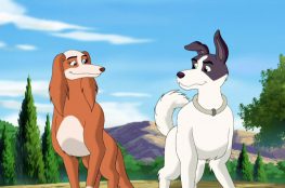 Maya the Dog and Jericho the Dog happy and looking at each other, walking towards viewer, beautiful sunny day, trees and nature all around.