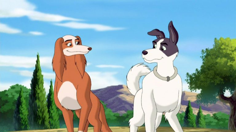 Maya the Dog and Jericho the Dog happy and looking at each other, walking towards viewer, beautiful sunny day, trees and nature all around.
