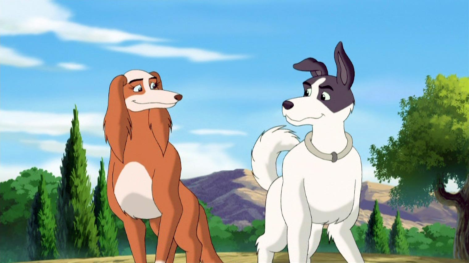 Maya the Dog and Jericho the Dog happy and looking at each other, walking towards viewer, beautiful sunny day, trees and nature all around.