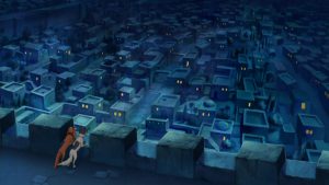 Maya and Jericho the Dogs, overlooking Jerusalem from a rooftop, at night time.
