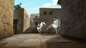 Merchant kicking Jericho the Dog.