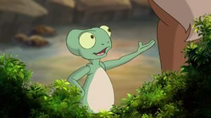 Miguel the Chameleon is the center of attention, talking.