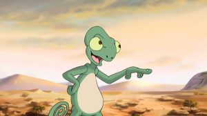 Miguel the Chameleon pointing with a determined and argumentative expression on his face.