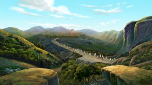Bird's eye view of people walking towards Jerusalem, during the time of Passover.