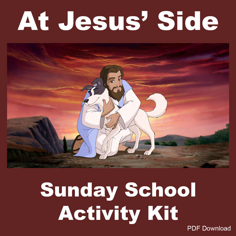 Text: "At Jesus' Side Sunday School Activity Kit" PDF Download. (Jesus hugging Jericho the Dog.)